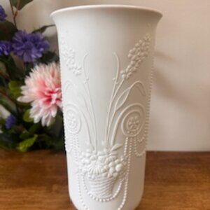 Vintage AK Kaiser Germany White Bisque Vase Beaded 3D Floral MCM Matte Porcelain